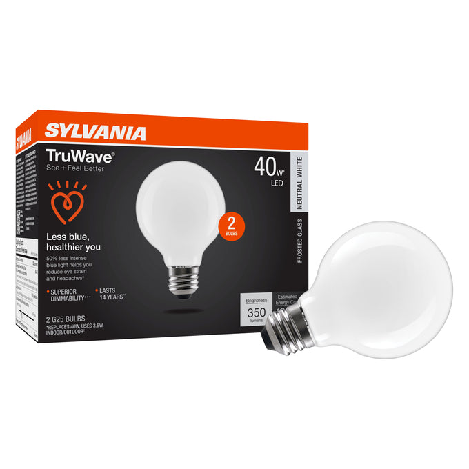 Sylvania LED3.5G25DIM935F13YTLRP2 LED G25 Lamp Medium E26 Base 3.5W 90 CRI 350Lm 3500K 120V Frosted Finish 2-Pack Priced Per Each (42086)