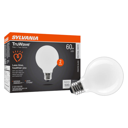 Sylvania LED5.5G25DIM935F13YTLRP2 LED G25 Lamp Medium E26 Base 5.5W 90 CRI 500Lm 3500K 120V Frosted Finish 2-Pack Priced Per Each (42087)