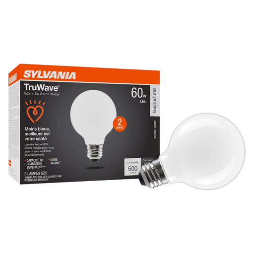 Sylvania LED5.5G25DIM935F13YTLRP2 LED G25 Lamp Medium E26 Base 5.5W 90 CRI 500Lm 3500K 120V Frosted Finish 2-Pack Priced Per Each (42087)