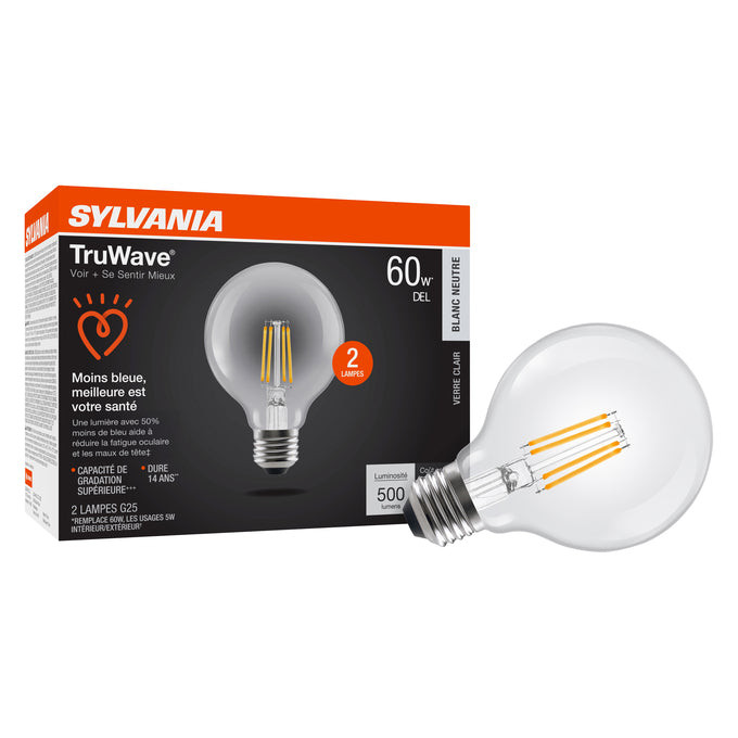 Sylvania LED5G25DIM935CL13YTLRP2 LED G25 Lamp Medium E26 Base 5W 90 CRI 500Lm 3500K 120V Clear Finish 2-Pack Priced Per Each (42088)