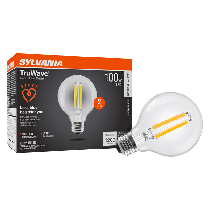 Sylvania LED11G25DIM935CL13YTLRP2 LED G25 Lamp Medium E26 Base 11W 90 CRI 1200Lm 3500K 120V Clear Finish 2-Pack Priced Per Each (42089)