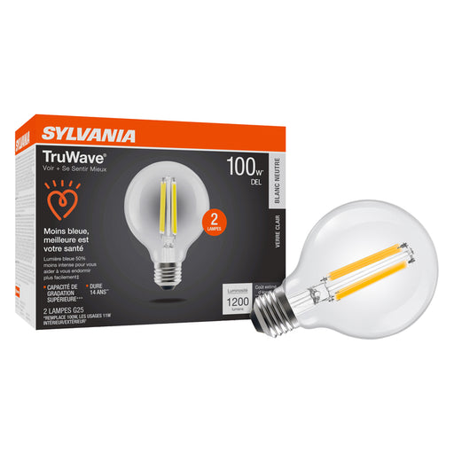 Sylvania LED11G25DIM935CL13YTLRP2 LED G25 Lamp Medium E26 Base 11W 90 CRI 1200Lm 3500K 120V Clear Finish 2-Pack Priced Per Each (42089)