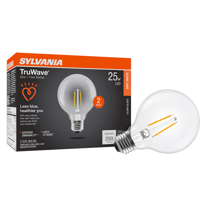 Sylvania LED2.5G25DIM927CL13YTLRP2 LED G25 Lamp Medium E26 Base 2.5W 90 CRI 250Lm 2700K 120V Clear Finish 2-Pack Priced Per Each (42090)
