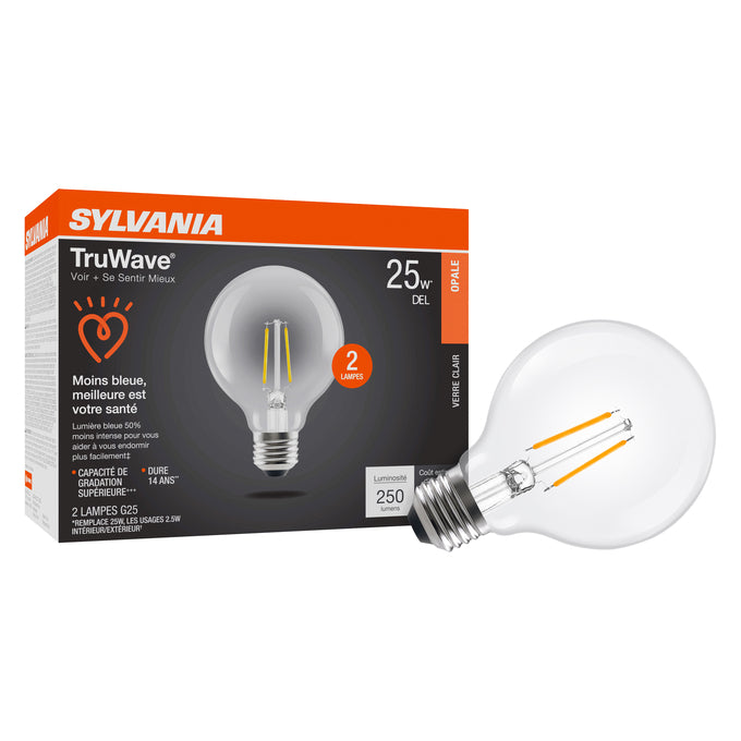 Sylvania LED2.5G25DIM927CL13YTLRP2 LED G25 Lamp Medium E26 Base 2.5W 90 CRI 250Lm 2700K 120V Clear Finish 2-Pack Priced Per Each (42090)