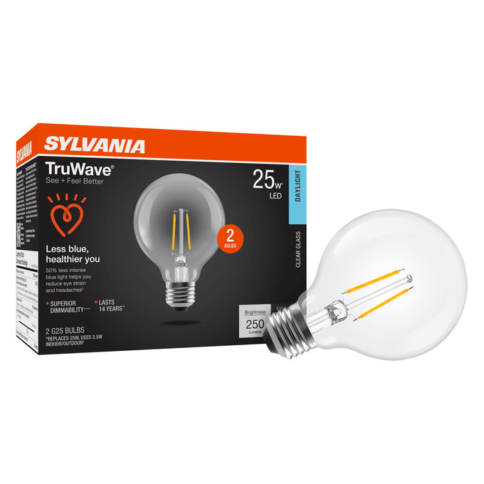 Sylvania LED2.5G25DIM950CL13YTLRP2 LED G25 Lamp Medium E26 Base 2.5W 90 CRI 250Lm 5000K 120V Clear Finish 2-Pack Priced Per Each (42091)