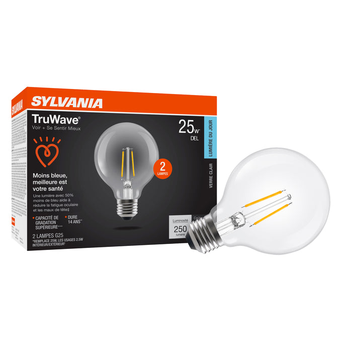 Sylvania LED2.5G25DIM950CL13YTLRP2 LED G25 Lamp Medium E26 Base 2.5W 90 CRI 250Lm 5000K 120V Clear Finish 2-Pack Priced Per Each (42091)
