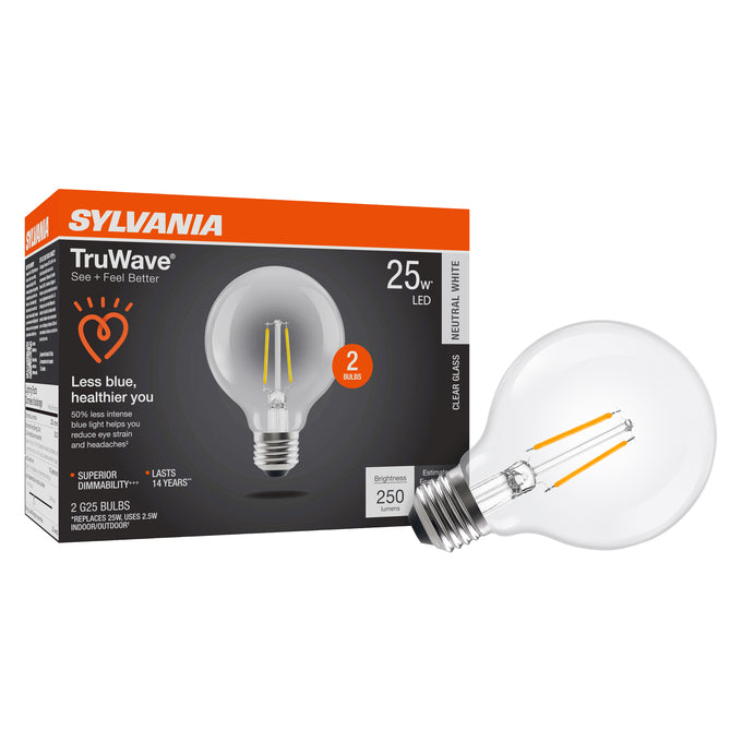 Sylvania LED2.5G25DIM935CL13YTLRP2 LED G25 Lamp Medium E26 Base 2.5W 90 CRI 250Lm 3500K 120V Clear Finish 2-Pack Priced Per Each (42092)