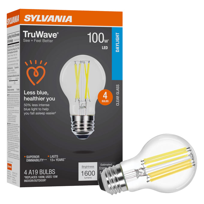 Sylvania LED15A19DIMCLO95013YTLRP4 LED A19 Lamp Medium E26 Base 15W 1600Lm 90 CRI 5000K 120V Clear Finish TruWave 4-Pack Priced Per Each (42273)