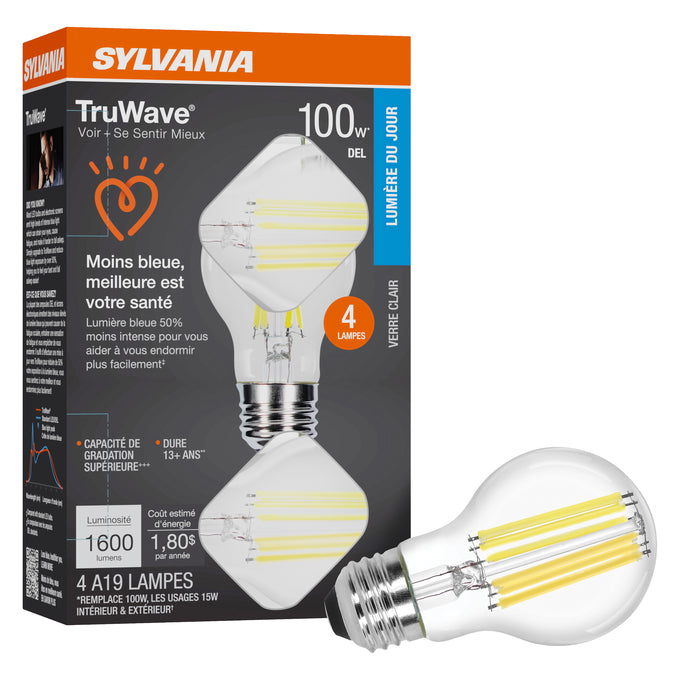 Sylvania LED15A19DIMCLO95013YTLRP4 LED A19 Lamp Medium E26 Base 15W 1600Lm 90 CRI 5000K 120V Clear Finish TruWave 4-Pack Priced Per Each (42273)