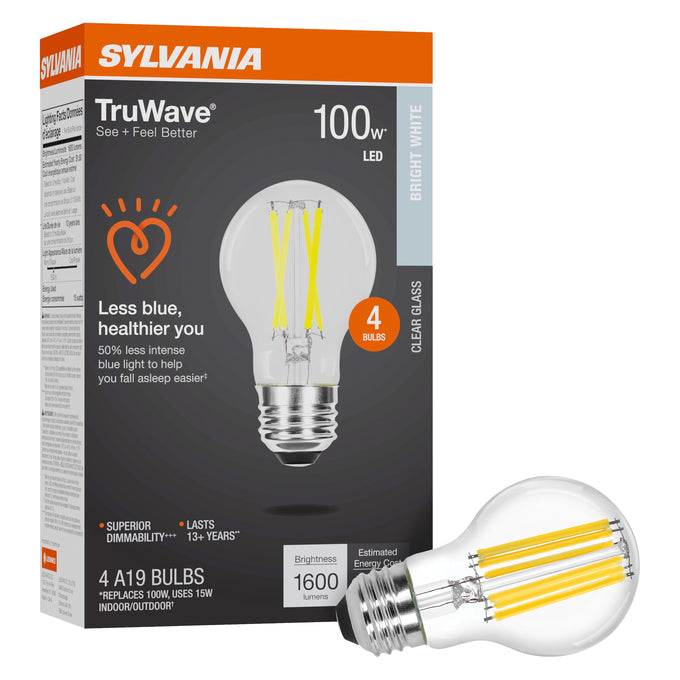 Sylvania LED15A19DIMCLO93513YTLRP4 LED A19 Lamp Medium E26 Base 15W 1600Lm 90 CRI 3500K 120V Clear Finish TruWave 4-Pack Priced Per Each (42274)