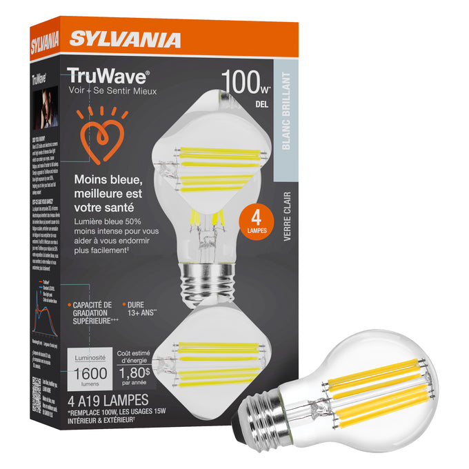 Sylvania LED15A19DIMCLO93513YTLRP4 LED A19 Lamp Medium E26 Base 15W 1600Lm 90 CRI 3500K 120V Clear Finish TruWave 4-Pack Priced Per Each (42274)