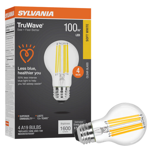 Sylvania LED15A19DIMCLO92713YTLRP4 LED A19 Lamp Medium E26 Base 15W 1600Lm 90 CRI 2700K 120V Clear Finish TruWave 4-Pack Priced Per Each (42275)