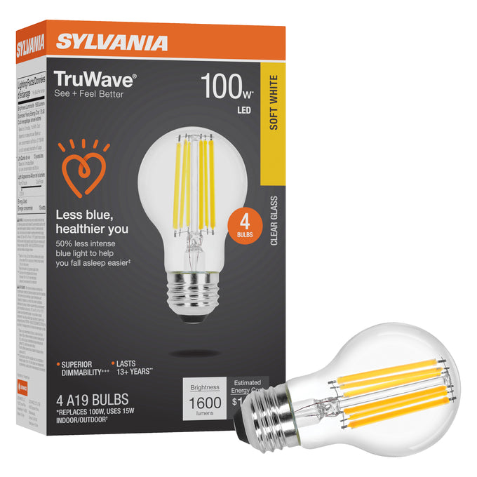 Sylvania LED15A19DIMCLO92713YTLRP4 LED A19 Lamp Medium E26 Base 15W 1600Lm 90 CRI 2700K 120V Clear Finish TruWave 4-Pack Priced Per Each (42275)