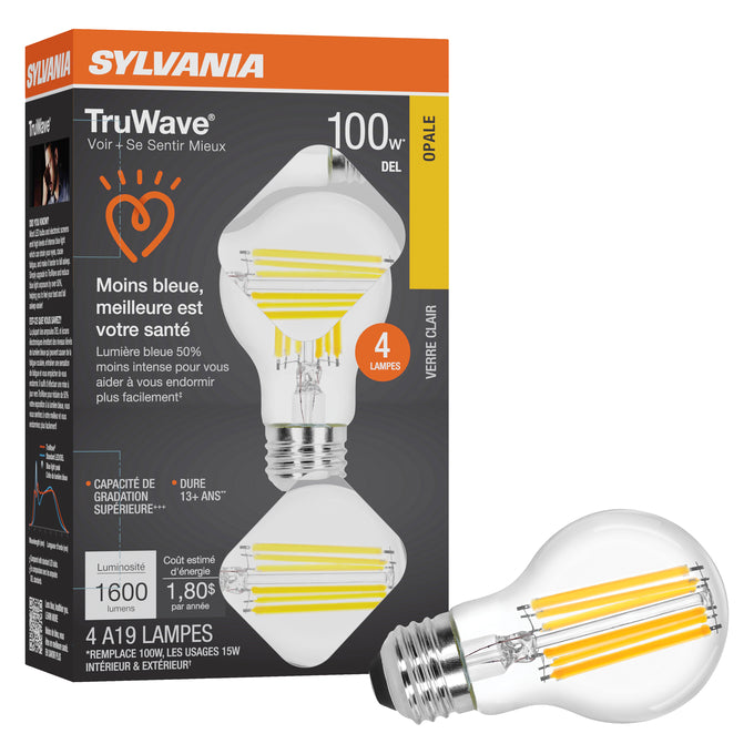 Sylvania LED15A19DIMCLO92713YTLRP4 LED A19 Lamp Medium E26 Base 15W 1600Lm 90 CRI 2700K 120V Clear Finish TruWave 4-Pack Priced Per Each (42275)
