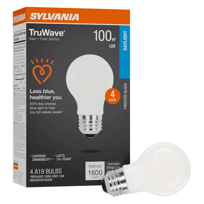Sylvania LED15A19DIMO95013YTLRP4 LED A19 Lamp Medium E26 Base 15W 1600Lm 90 CRI 5000K 120V Frosted Finish TruWave 4-Pack Priced Per Each (42276)