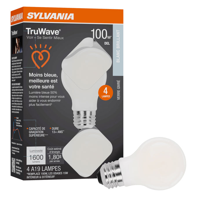 Sylvania LED15A19DIMO93513YTLRP4 LED A19 Lamp Medium E26 Base 15W 1600Lm 90 CRI 3500K 120V Frosted Finish TruWave 4-Pack Priced Per Each (42277)