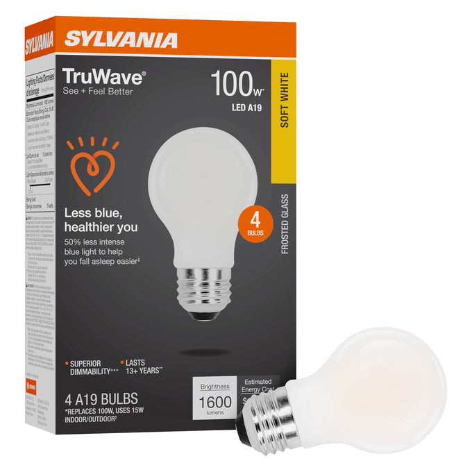 Sylvania LED15A19DIMO92713YTLRP4 LED A19 Lamp Medium E26 Base 15W 1600Lm 90 CRI 2700K 120V Frosted Finish TruWave 4-Pack Priced Per Each (42278)