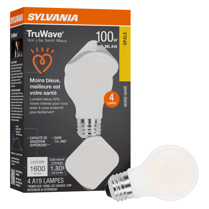 Sylvania LED15A19DIMO92713YTLRP4 LED A19 Lamp Medium E26 Base 15W 1600Lm 90 CRI 2700K 120V Frosted Finish TruWave 4-Pack Priced Per Each (42278)
