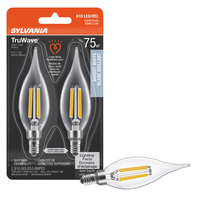 Sylvania LED7.5B10CBENTDIM935CL13YTLRP2 LED B10 Lamp E12 Base 7.5W 3500K 750Lm 90 CRI 120V Clear Finish Truwave 2-Pack Priced Per Each (42280)