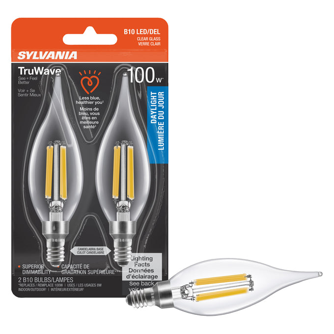 Sylvania LED7.5B10CBENTDIM927CL13YTLRP2 LED B10 Lamp Candelabra E12 Base 7.5W 2700K 750Lm 90 CRI Clear Finish Truwave 2-Pack Priced Per Each (42281)