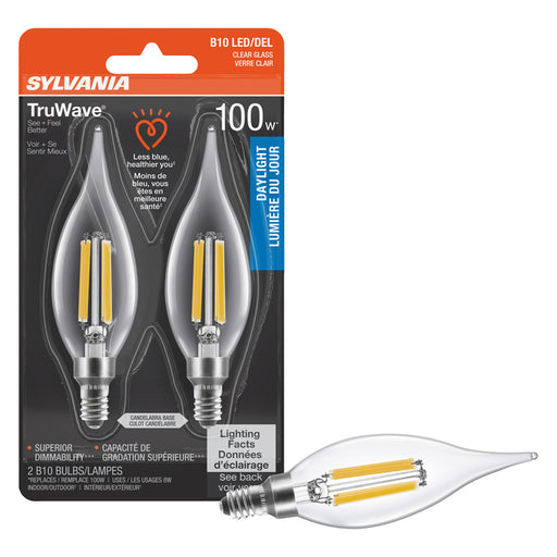 Sylvania LED8B10CBENTDIM950CL13YTLRP2 LED B10 Lamp Candelabra E12 Base 8W 5000K 900Lm 90 CRI 120V Clear Finish Truwave 2-Pack Priced Per Each (42282)