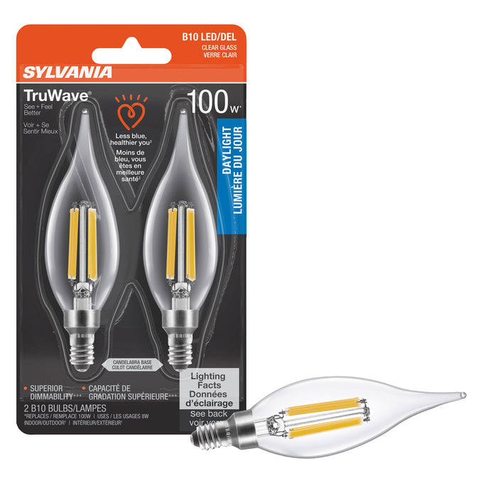 Sylvania LED8B10CBENTDIM950CL13YTLRP2 LED B10 Lamp Candelabra E12 Base 8W 5000K 900Lm 90 CRI 120V Clear Finish Truwave 2-Pack Priced Per Each (42282)