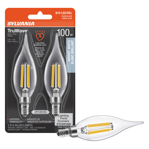 Sylvania LED8B10CBENTDIM935CL13YTLRP2 LED B10 Lamp Candelabra E12 Base 8W 3500K 900Lm 90 CRI 120V Clear Finish Truwave 2-Pack Priced Per Each (42283)