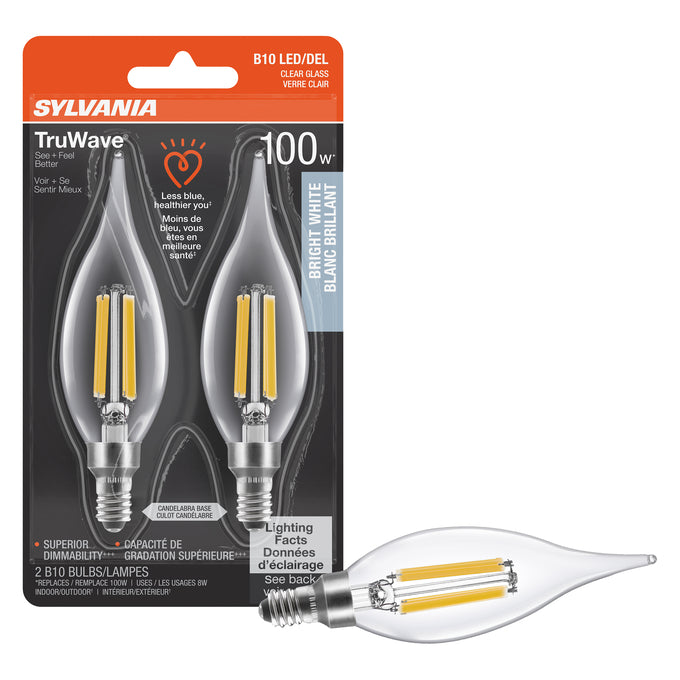 Sylvania LED8B10CBENTDIM935CL13YTLRP2 LED B10 Lamp Candelabra E12 Base 8W 3500K 900Lm 90 CRI 120V Clear Finish Truwave 2-Pack Priced Per Each (42283)