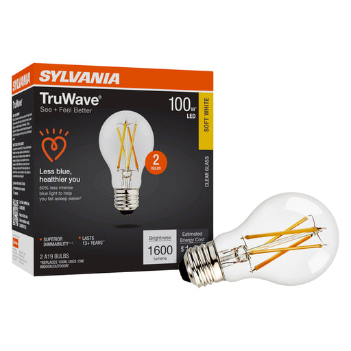Sylvania LED15A19DIMCLO92713YTLRP2 LED A19 Lamp Medium E26 Base 15W 1600Lm 90 CRI 2700K 120V Clear Finish TruWave 2-Pack Priced Per Each (42305)