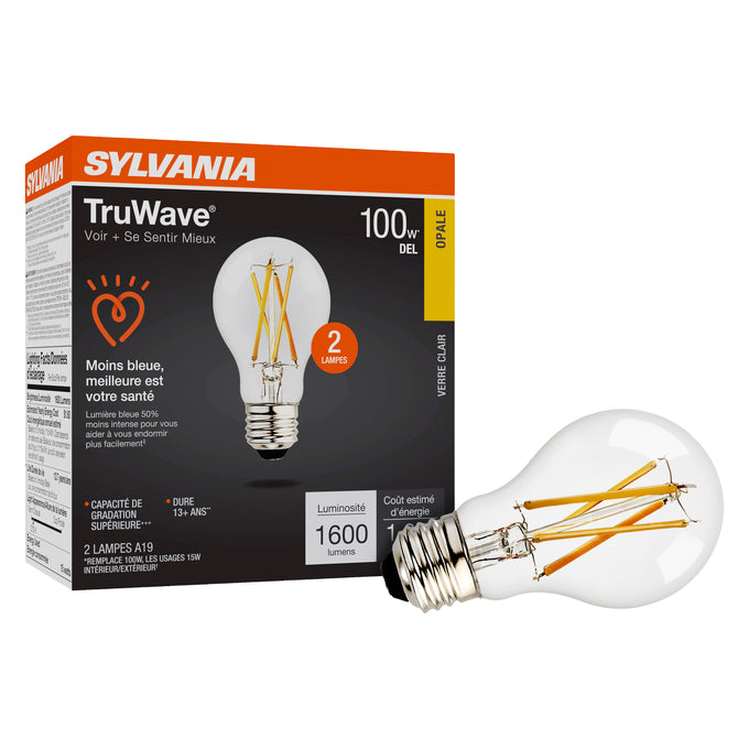 Sylvania LED15A19DIMCLO92713YTLRP2 LED A19 Lamp Medium E26 Base 15W 1600Lm 90 CRI 2700K 120V Clear Finish TruWave 2-Pack Priced Per Each (42305)