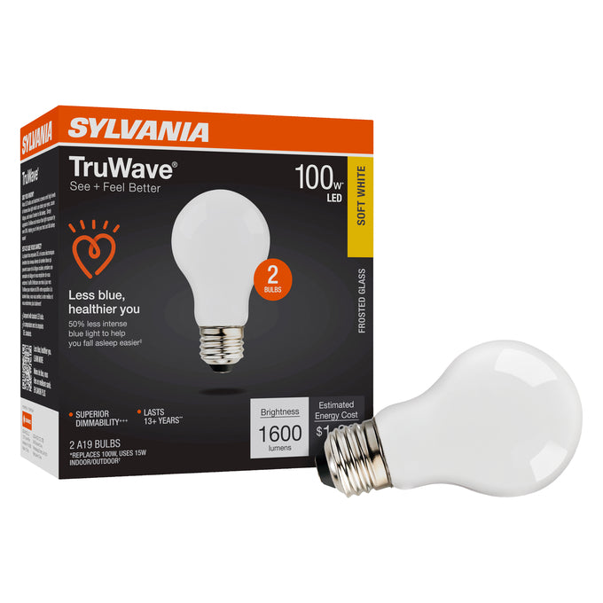 Sylvania LED15A19DIMO92713YTLRP2 LED A19 Lamp Medium E26 Base 15W 1600Lm 90 CRI 2700K 120V Frosted Finish TruWave 2-Pack Priced Per Each (42306)