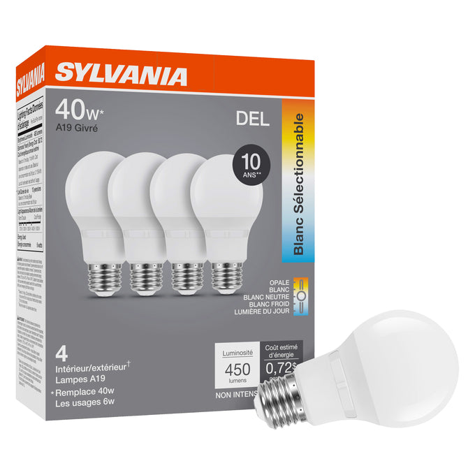 Sylvania LED6A19F8SC310YVRP4 LED A19 Lamp E26 Base 6W 80 CRI 450Lm CCT Selectable 2700K/3000K/3500K/4000K/5000K 120V Frosted finish 4-Pack Priced Per Each (42477)