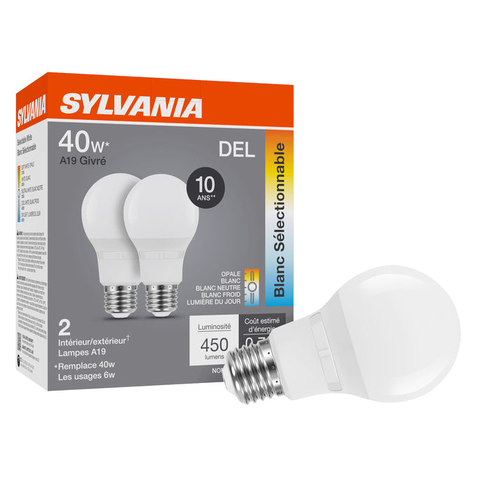 Sylvania LED6A19F8SC310YVRP2 LED A19 Lamp E26 Base 6W 80 CRI 450Lm CCT Selectable 2700K/3000K/3500K/4000K/5000K 120V Frosted finish 2-Pack Priced Per Each (42478)