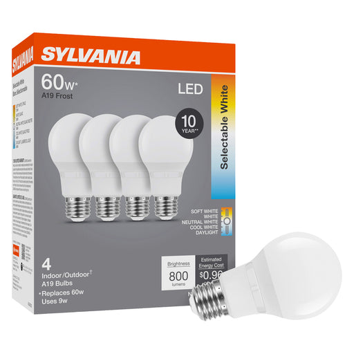 Sylvania LED9A19F8SC310YVRP4 LED A19 Lamp E26 Base 9W 80 CRI 800Lm CCT Selectable 2700K/3000K/3500K/4000K/5000K 120V Frosted Finish 4-Pack Priced Per Each (42479)