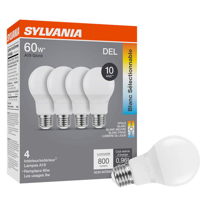 Sylvania LED9A19F8SC310YVRP4 LED A19 Lamp E26 Base 9W 80 CRI 800Lm CCT Selectable 2700K/3000K/3500K/4000K/5000K 120V Frosted Finish 4-Pack Priced Per Each (42479)