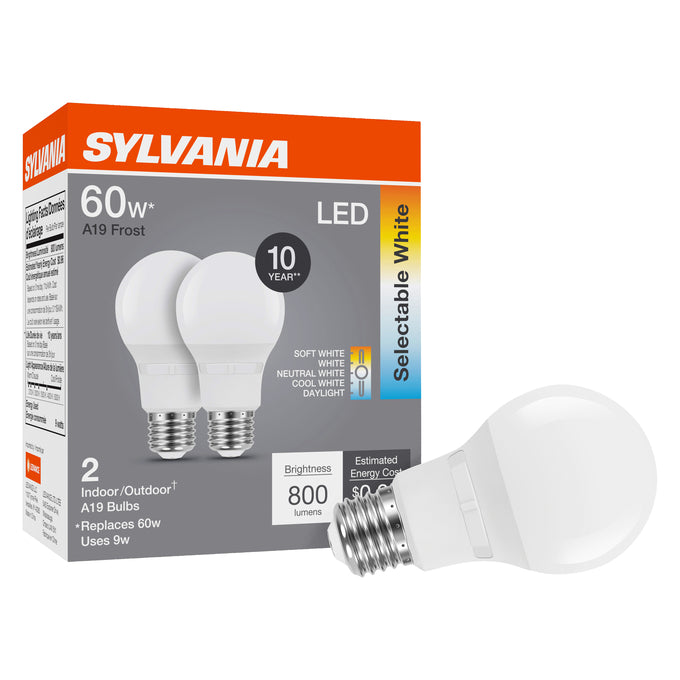 Sylvania LED9A19F8SC310YVRP2 LED A19 Lamp E26 Base 9W 80 CRI 800Lm CCT Selectable 2700K/3000K/3500K/4000K/5000K 120V Frosted Finish 2-Pack Priced Per Each (42480)