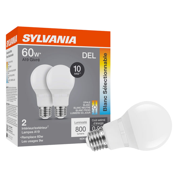 Sylvania LED9A19F8SC310YVRP2 LED A19 Lamp E26 Base 9W 80 CRI 800Lm CCT Selectable 2700K/3000K/3500K/4000K/5000K 120V Frosted Finish 2-Pack Priced Per Each (42480)
