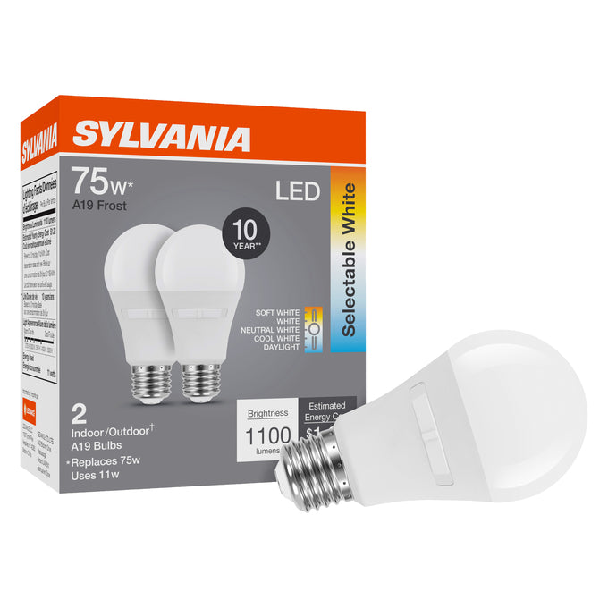 Sylvania LED10A19F8SC310YVRP2 LED A19 Lamp E26 Base 10W CCT Selectable 2700K/3000K/3500K/4000K/5000K 1100Lm 80 CRI Non-Dimmable 120V Frosted 2-Pack Priced Per Each (42481)