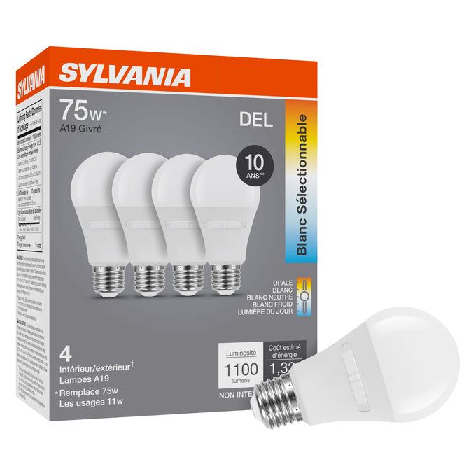 Sylvania LED10A19F8SC310YVRP4 LED A19 Lamp E26 Base 10W CCT Selectable 2700K/3000K/3500K/4000K/5000K 1100Lm 80 CRI 120V Non-Dimmable Frosted 4-Pack Priced Per Each (42482)