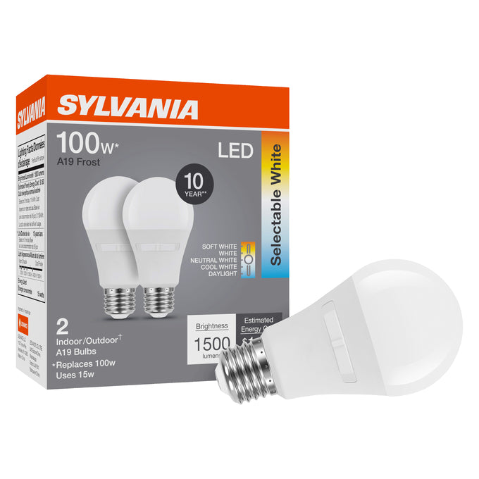 Sylvania LED14A19F8SC310YVRP2 LED A19 Lamp E26 Base 14W 80 CRI 1500Lm CCT Selectable 2700K/3000K/3500K/4000K/5000K 120V Frosted Finish 2-Pack Priced Per Each (42483)