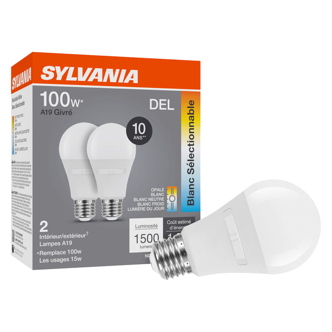 Sylvania LED14A19F8SC310YVRP2 LED A19 Lamp E26 Base 14W 80 CRI 1500Lm CCT Selectable 2700K/3000K/3500K/4000K/5000K 120V Frosted Finish 2-Pack Priced Per Each (42483)
