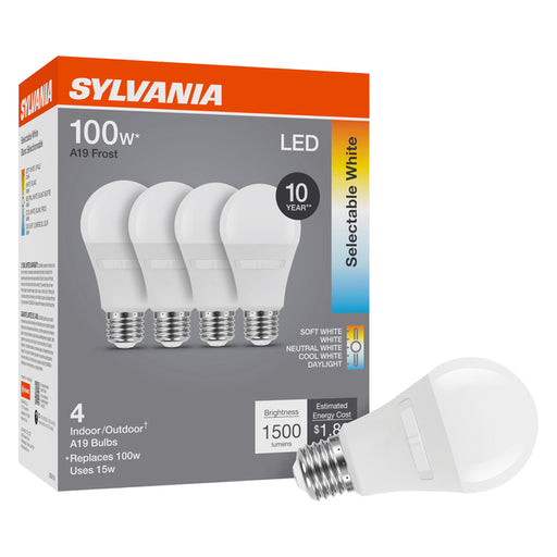 Sylvania LED14A19F8SC310YVRP4 LED A19 Lamp E26 Base 14W 80 CRI 1500Lm CCT Selectable 2700K/3000K/3500K/4000K/5000K 120V Frosted Finish 4-Pack Priced Per Each (42484)