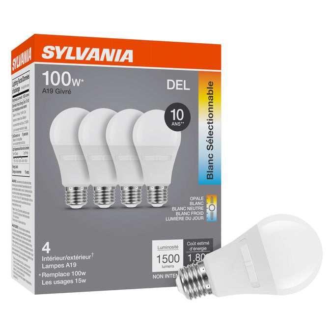 Sylvania LED14A19F8SC310YVRP4 LED A19 Lamp E26 Base 14W 80 CRI 1500Lm CCT Selectable 2700K/3000K/3500K/4000K/5000K 120V Frosted Finish 4-Pack Priced Per Each (42484)