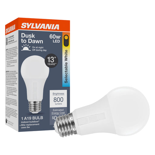 Sylvania LED8A19DTD8SC3RP LED A19 Lamp Medium E26 Base 8W CCT Selectable 2700K/3000K/3500K/4000K/5000K 80 CRI 800Lm 120V Frosted Dusk To Dawn (42563)