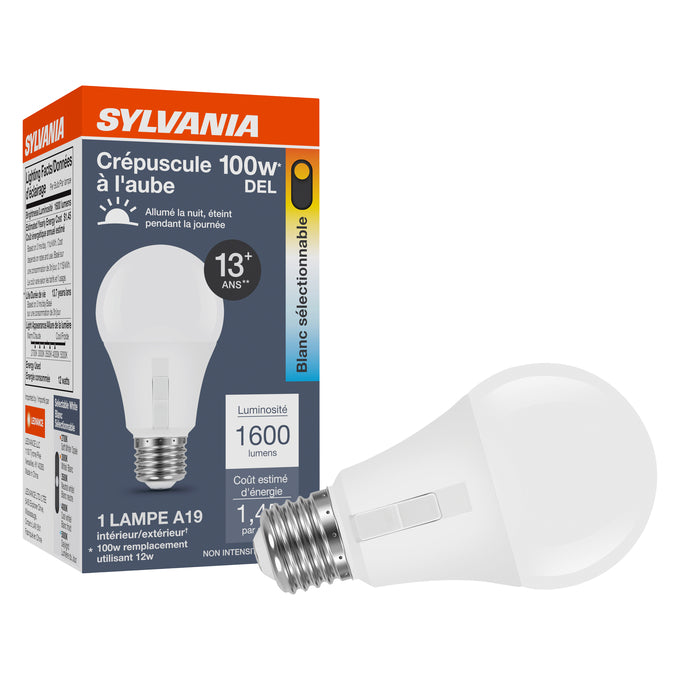 Sylvania LED12A19DTD8SC3RP LED A19 Lamp E26 Base 12W CCT Selectable 2700K/3000K/3500K/4000K/5000K 80 CRI 1600Lm 120V Frosted Dusk To Dawn (42564)