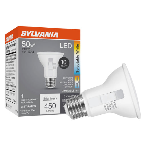 Sylvania LED7PAR20DIM8SC310YVFL40WRP LED PAR20 Lamp E26 Base 7W Dimmable 80 CRI 450Lm CCT Selectable 2700K/3000K/3500K/4000K/5000K 120V (42565)