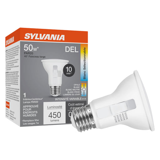 Sylvania LED7PAR20DIM8SC310YVFL40WRP LED PAR20 Lamp E26 Base 7W Dimmable 80 CRI 450Lm CCT Selectable 2700K/3000K/3500K/4000K/5000K 120V (42565)