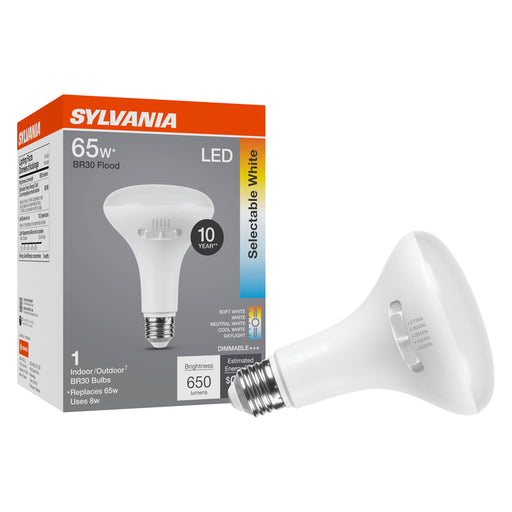 Sylvania LED8BR30DIM8SC310YVRP LED BR30 Lamp E26 Base 8W Dimmable 80 CRI 650Lm CCT Selectable 2700K/3000K/3500K/4000K/5000K 120V Frosted (42575)