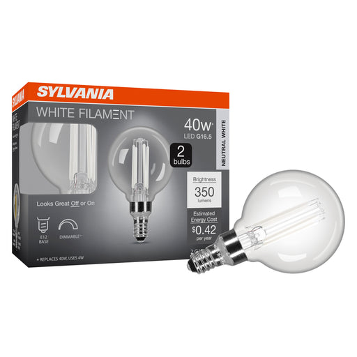 Sylvania LED4G16.5CDIM835FILWHRP2 LED G16.5 Lamp E12 Base 4W 3500K 350Lm 80 CRI Dimmable 120V White Filament Clear Glass 2-Pack Priced Per Each (42577)