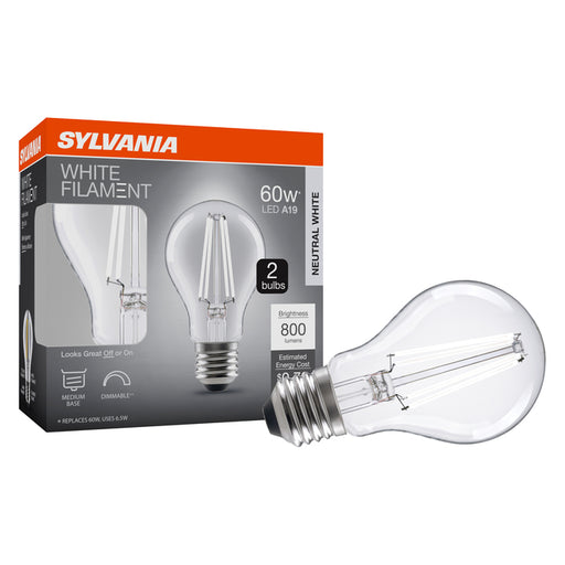 Sylvania LED6.5A19DIM835FILWHRP2 LED A19 Lamp E26 Base 6.5W 80 CRI 800Lm Dimmable 3500K 120V White Filament Clear Glass 2-Pack Priced Per Each (42578)